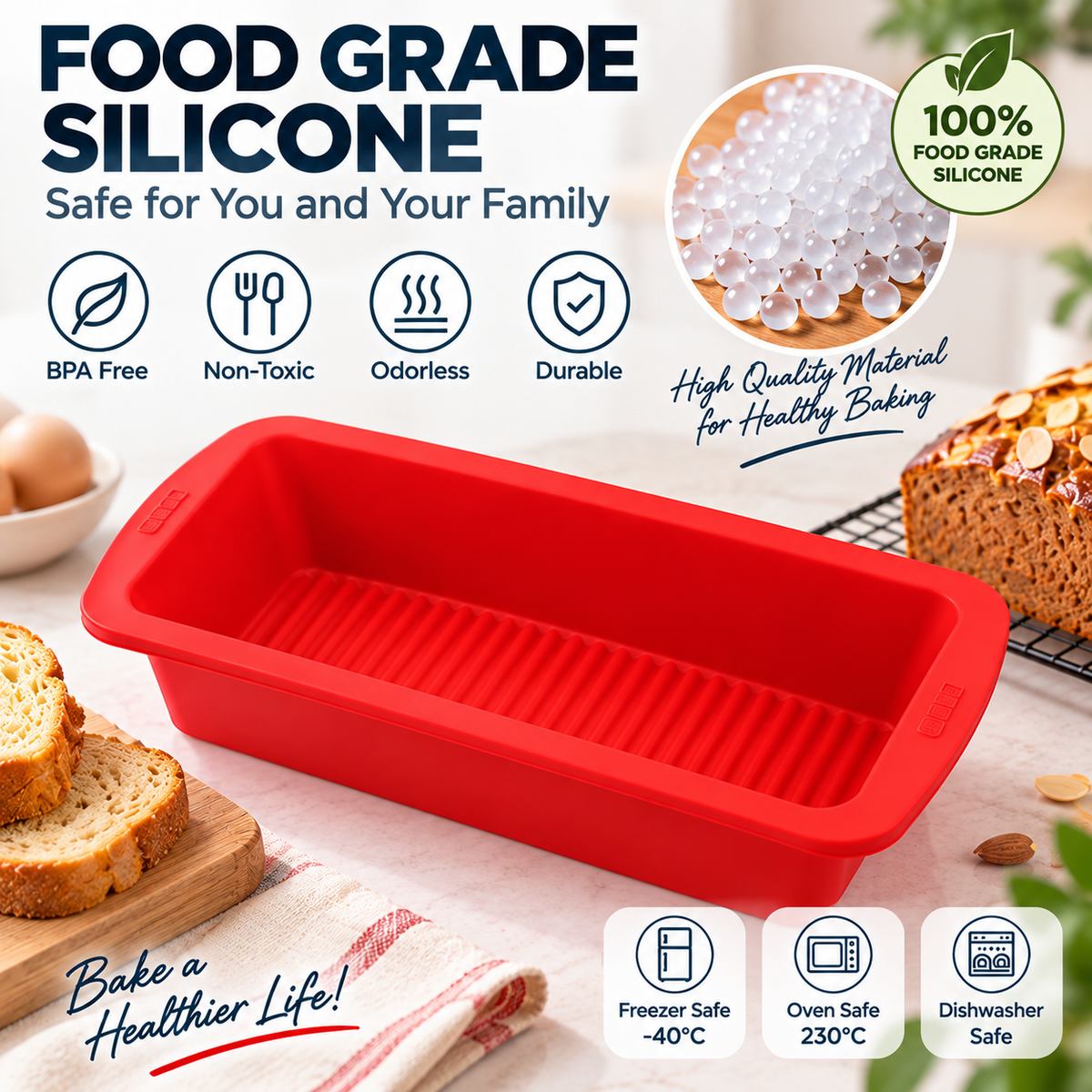 Silicone Loaf Pan Non-Stick -Bread, Cake, Baking Mold Reusable Rectangular Bakeware