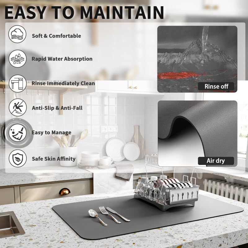 Diatomaceous Earth Kitchen Counter Drying Mat - Absorbent, Easy Clean, Stain Resistant