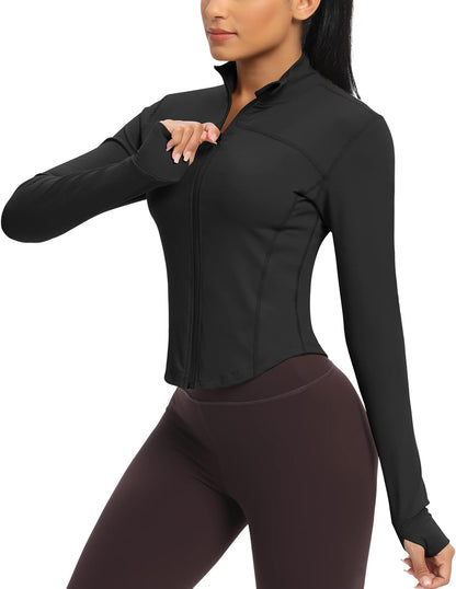 Workout Running Jackets for Women Zip up Athletic Yoga Cropped Tops with Thumb Holes