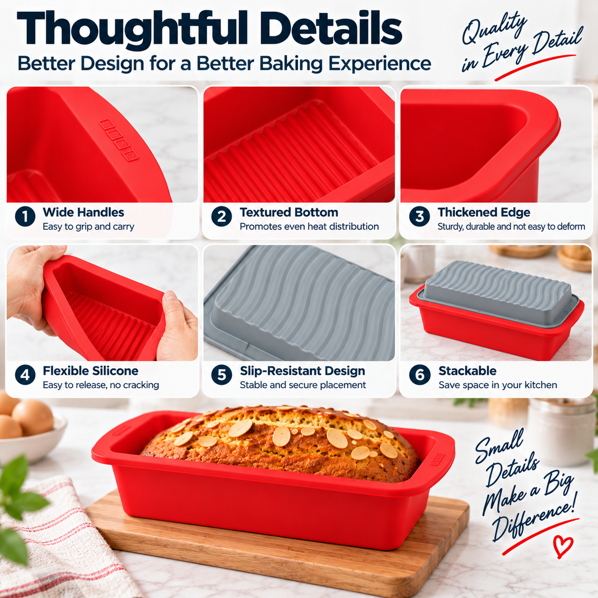 Silicone Loaf Pan Non-Stick -Bread, Cake, Baking Mold Reusable Rectangular Bakeware